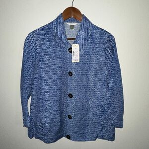 Christopher & Banks Women Jacket Blazer M Blue Geometric 3/4 Sleeve Linen‎ Rayon